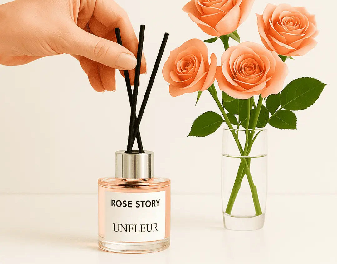 Hand holding diffuser sticks next to a bottle labeled 'Rose Story' by UNFLEUR with peach roses in the background.